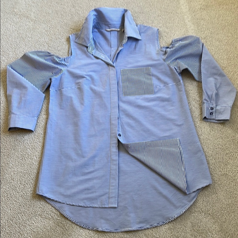 Soft Surroundings Petite Cold Shoulder Blue and White Striped Button Down Tunic